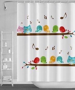 Multicolor Rowley Birds Shower Curtain Set with Cute Animal Hooks - Bathroom Decor