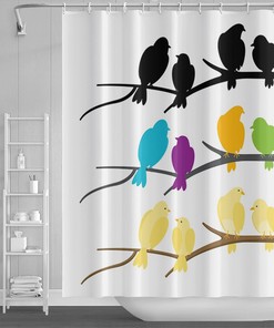Multicolor Rowley Birds Shower Curtain Set with Cute Animal Hooks - Bathroom Decor