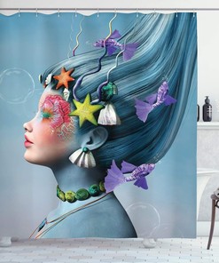 Multicolor Underwater Mermaid Shower Curtain with Starfishes and Bubbles Design for a Funky Bathroom Decor