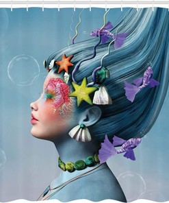 Multicolor Underwater Mermaid Shower Curtain with Starfishes and Bubbles Design for a Funky Bathroom Decor