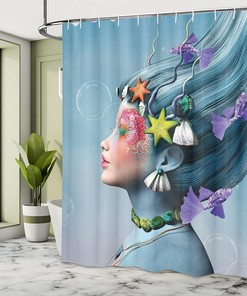 Multicolor Underwater Mermaid Shower Curtain with Starfishes and Bubbles Design for a Funky Bathroom Decor