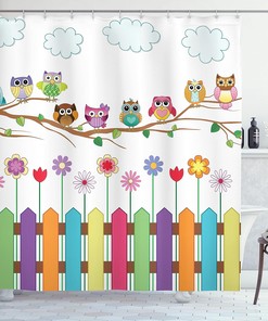 Multicolor White Brown Owls Shower Curtain, Owls on Branch Sunny Day in Countryside Farmhouse Wildflowers Art, Bathroom Decor 