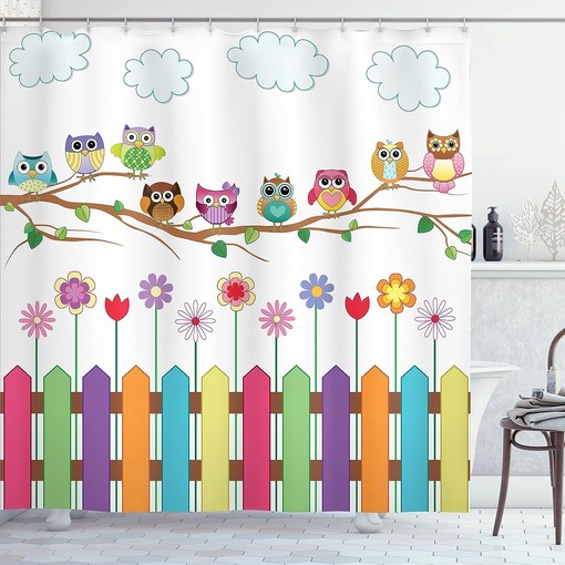 Multicolor White Brown Owls Shower Curtain, Owls on Branch Sunny Day in Countryside Farmhouse Wildflowers Art, Bathroom Decor