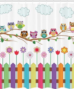 Multicolor White Brown Owls Shower Curtain, Owls on Branch Sunny Day in Countryside Farmhouse Wildflowers Art, Bathroom Decor
