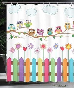 Multicolor White Brown Owls Shower Curtain, Owls on Branch Sunny Day in Countryside Farmhouse Wildflowers Art, Bathroom Decor
