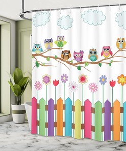 Multicolor White Brown Owls Shower Curtain, Owls on Branch Sunny Day in Countryside Farmhouse Wildflowers Art, Bathroom Decor