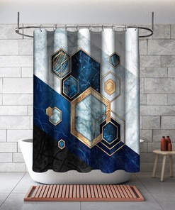 Multidimensional Hexagonal Marble Blue Printed Shower Curtain for Modern Bathroom Decor