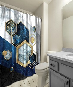 Multidimensional Hexagonal Marble Blue Printed Shower Curtain for Modern Bathroom Decor