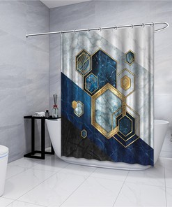 Multidimensional Hexagonal Marble Blue Printed Shower Curtain for Modern Bathroom Decor
