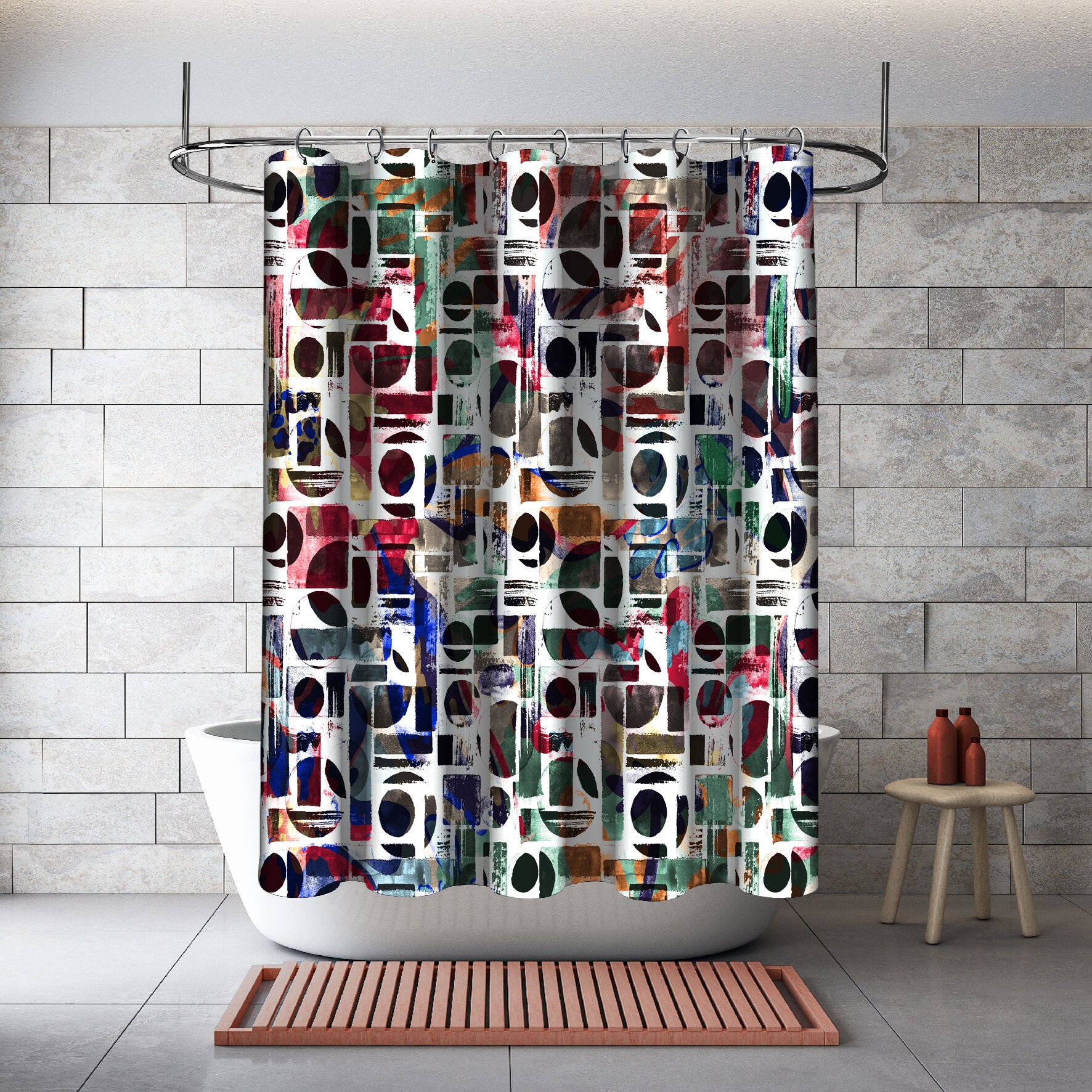 Multidimensional Multicolor Watercolor Geometric Shapes Artistic Print on Shower Curtain that is Waterproof