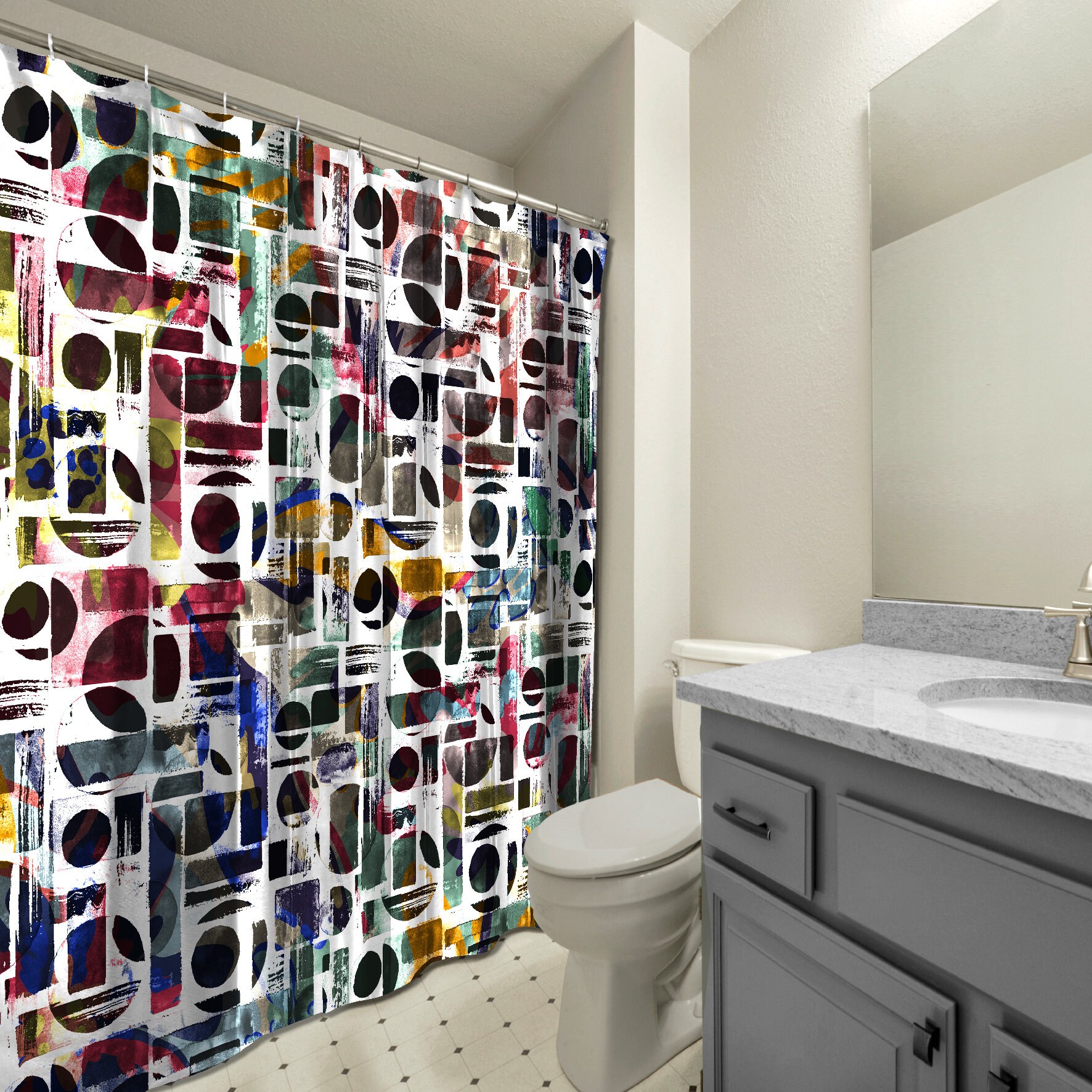 Multidimensional Multicolor Watercolor Geometric Shapes Artistic Print on Shower Curtain that is Waterproof