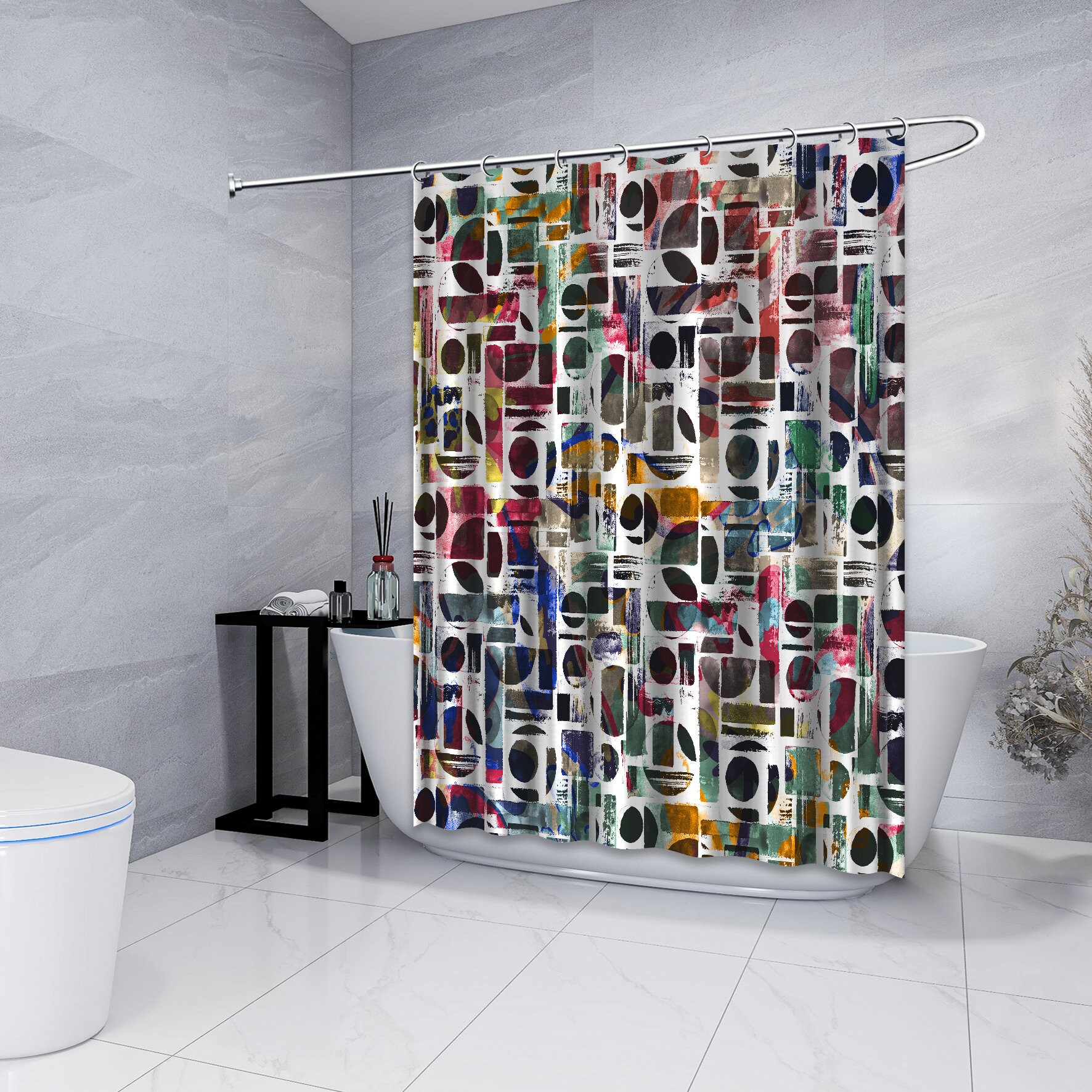 Multidimensional Multicolor Watercolor Geometric Shapes Artistic Print on Shower Curtain that is Waterproof
