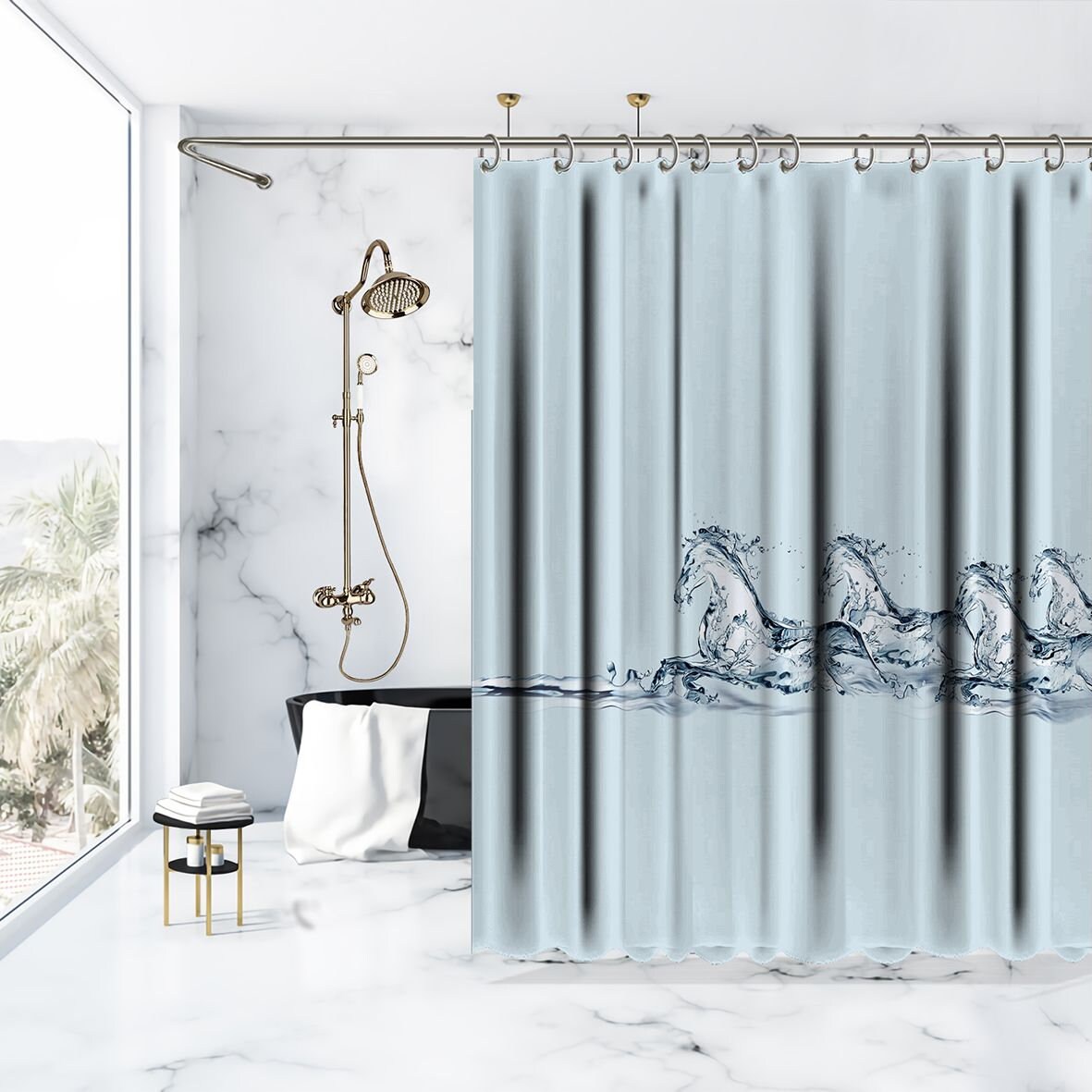 Multiple Sized Horses Artistic Print Made of Water on Shower Curtain for your Bathtub