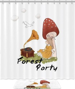 Mushroom Girl and Record Player Shower Curtain in Waterproof Fabric for Bathroom Decor