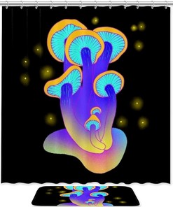 Mushroom Shower Curtain in Yellow and Blue | Bathroom Decor