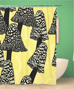 Mushrooms Mystical Unusual Wicca Boho Black Contours Shower Curtain - Actual Pattern Bathroom Decor