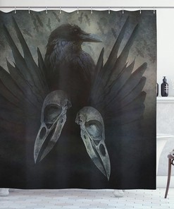 Mystic Crow Spirit Wing Print Shower Curtain, Dark Occult Art for Home Decor, Jade Green Cloth Bathroom Curtain