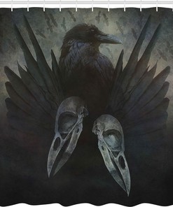Mystic Crow Spirit Wing Print Shower Curtain, Dark Occult Art for Home Decor, Jade Green Cloth Bathroom Curtain