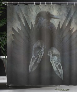 Mystic Crow Spirit Wing Print Shower Curtain, Dark Occult Art for Home Decor, Jade Green Cloth Bathroom Curtain