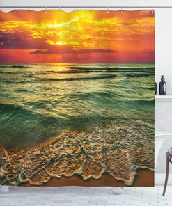 Mystic Orange Brown Ocean Shower Curtain, Serenity View of Sunset at Dusk Beach and Ocean, Bathroom Curtain 