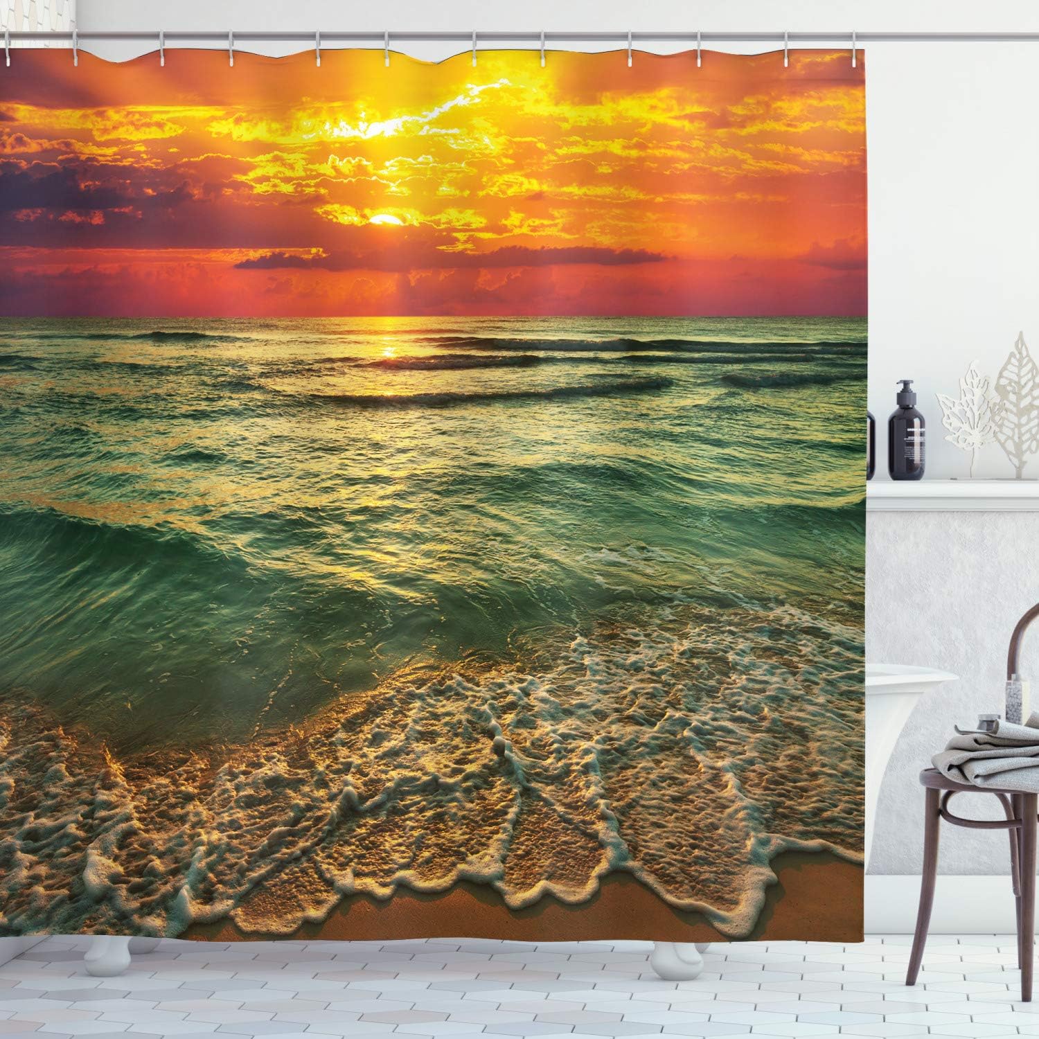 Mystic Orange Brown Ocean Shower Curtain, Serenity View of Sunset at Dusk Beach and Ocean, Bathroom Curtain