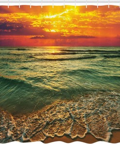 Mystic Orange Brown Ocean Shower Curtain, Serenity View of Sunset at Dusk Beach and Ocean, Bathroom Curtain