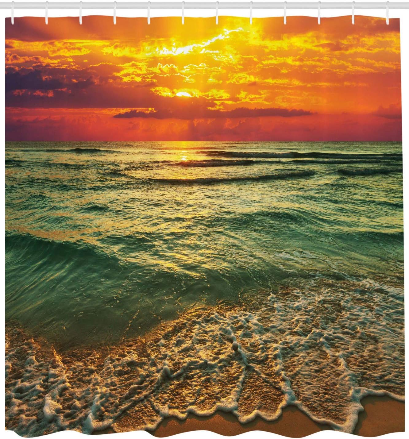 Mystic Orange Brown Ocean Shower Curtain, Serenity View of Sunset at Dusk Beach and Ocean, Bathroom Curtain