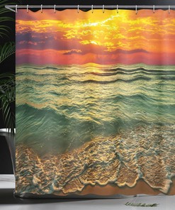 Mystic Orange Brown Ocean Shower Curtain, Serenity View of Sunset at Dusk Beach and Ocean, Bathroom Curtain
