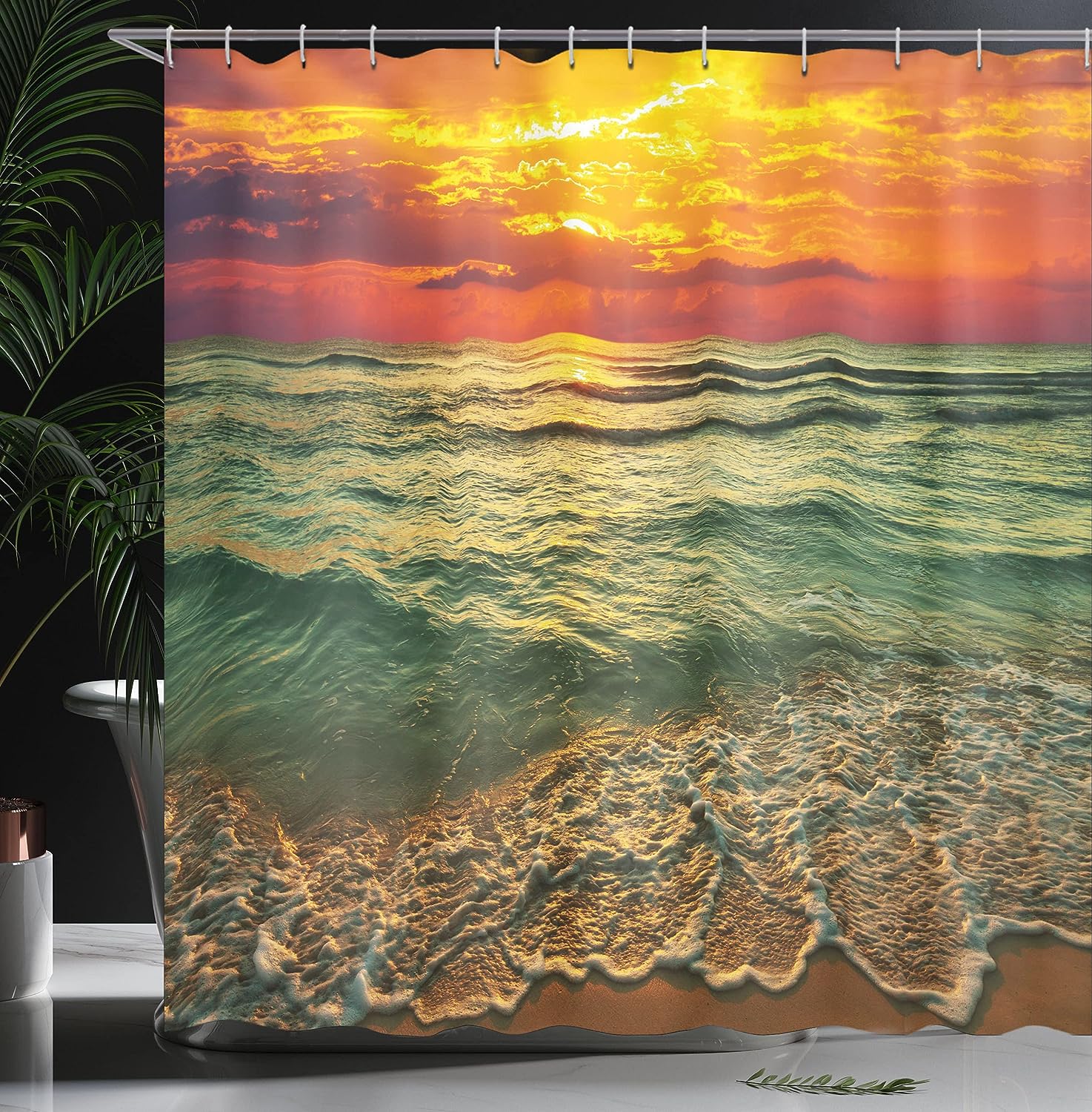 Mystic Orange Brown Ocean Shower Curtain, Serenity View of Sunset at Dusk Beach and Ocean, Bathroom Curtain