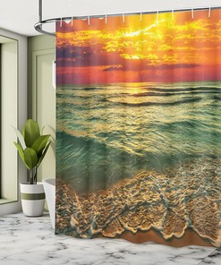 Mystic Orange Brown Ocean Shower Curtain, Serenity View of Sunset at Dusk Beach and Ocean, Bathroom Curtain