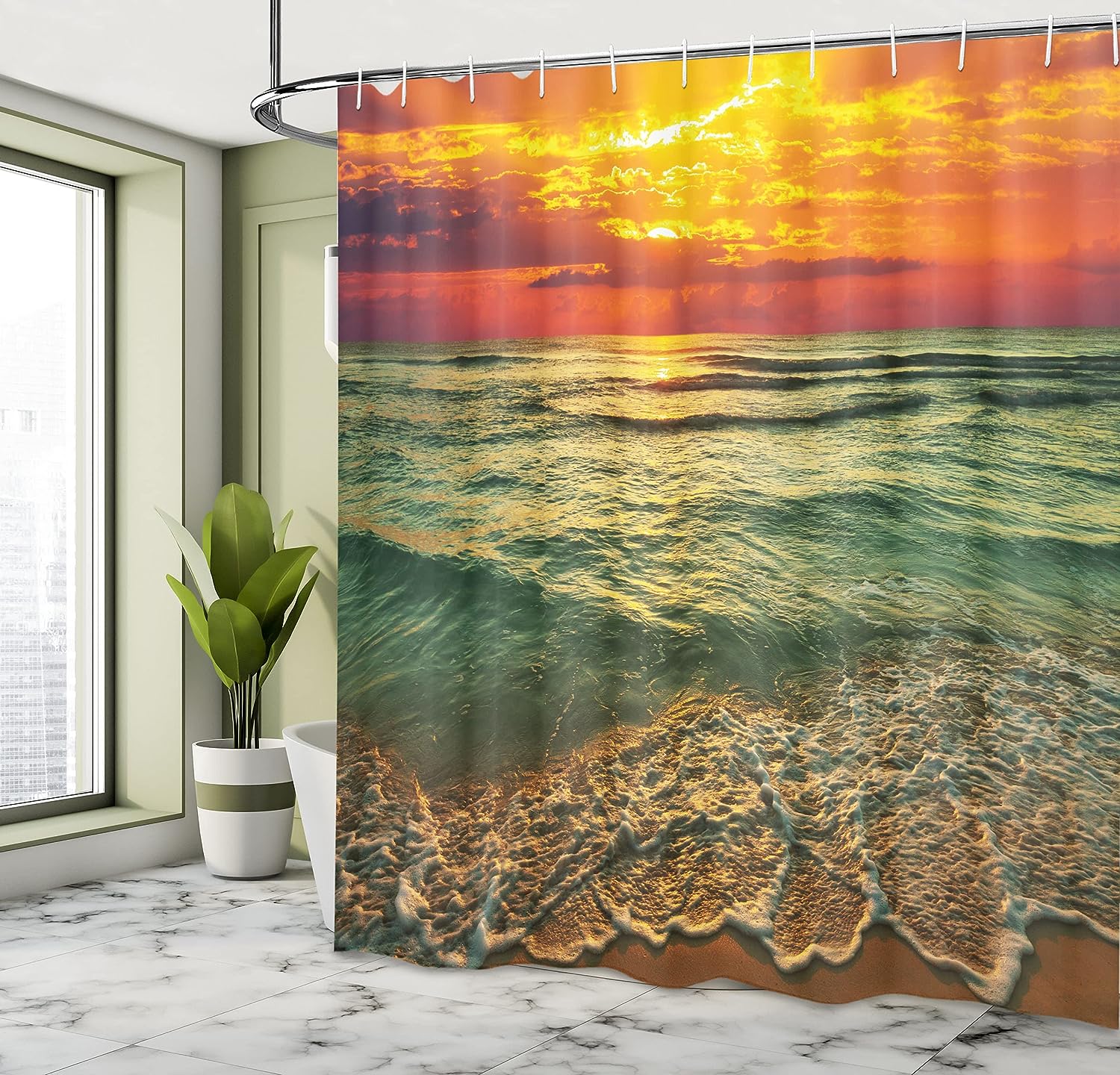Mystic Orange Brown Ocean Shower Curtain, Serenity View of Sunset at Dusk Beach and Ocean, Bathroom Curtain