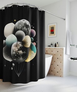 Mystical Celestial Shower Curtain with Balloons on the Moon for Bathroom Decor