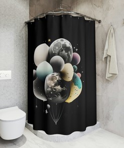 Mystical Celestial Shower Curtain with Balloons on the Moon for Bathroom Decor