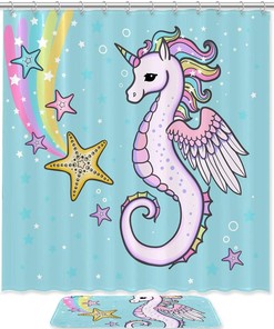 Mythical Colored Unicorn and Seahorse Shower Curtain, Blue Design, Bathroom Decor