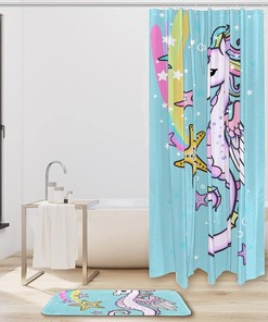 Mythical Colored Unicorn and Seahorse Shower Curtain, Blue Design, Bathroom Decor