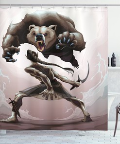 Mythological Scene Concept Shower Curtain with Bear Print for Bathroom