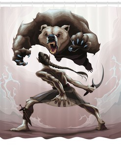 Mythological Scene Concept Shower Curtain with Bear Print for Bathroom
