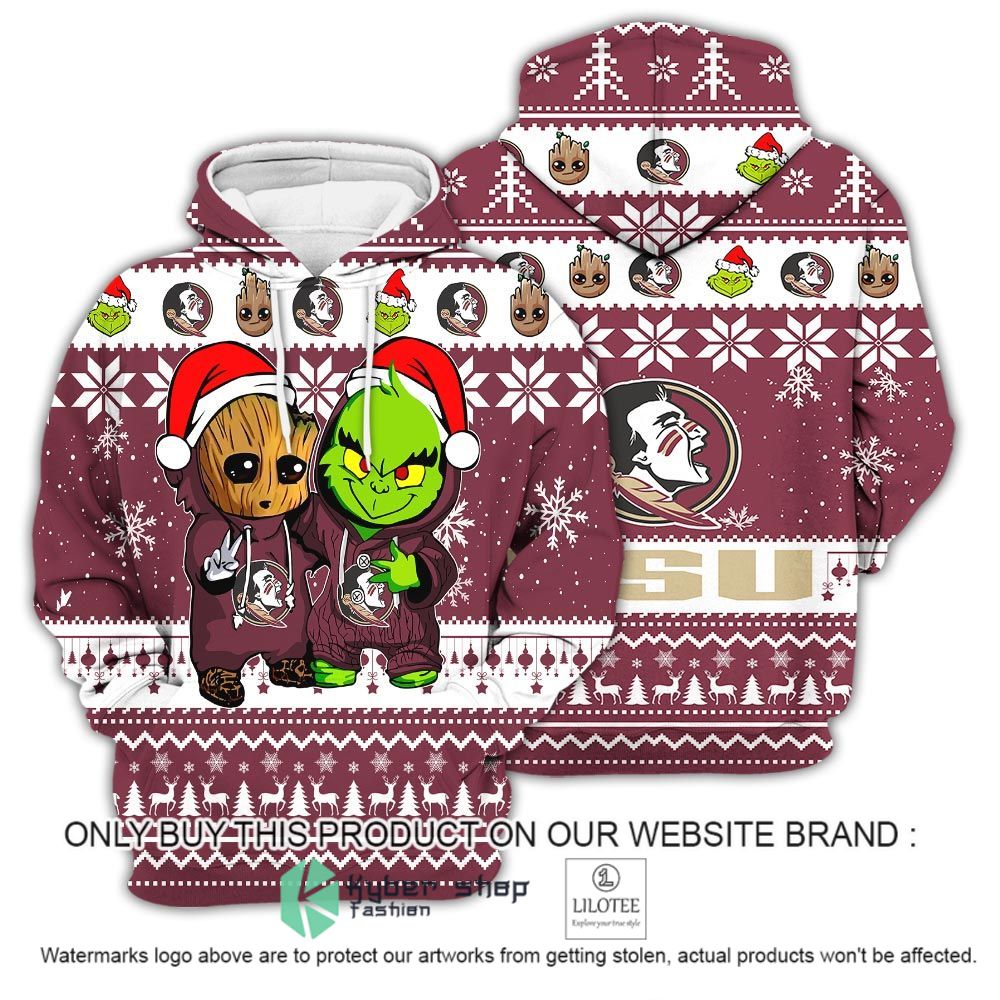 NCAA Florida State Seminoles Baby Groot And Grinch Christmas 3D Hoodie