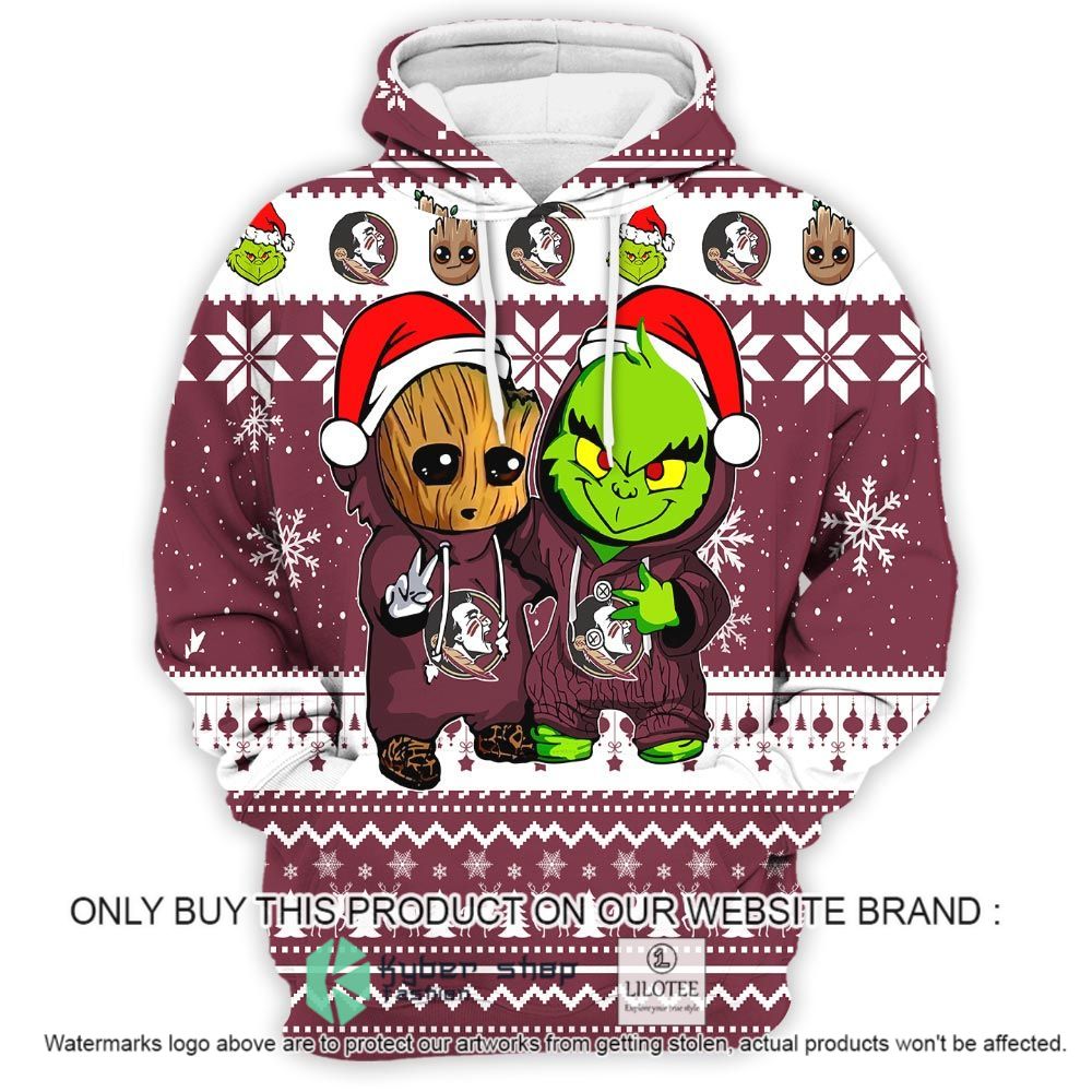 NCAA Florida State Seminoles Baby Groot And Grinch Christmas 3D Hoodie
