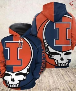 NCAA Illinois Fighting Illini Orange Blue Skull 3D Hoodie