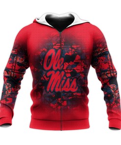 NCAA Ole Miss Rebels Custom Text Number Red Camouflage Zip Up Hoodie