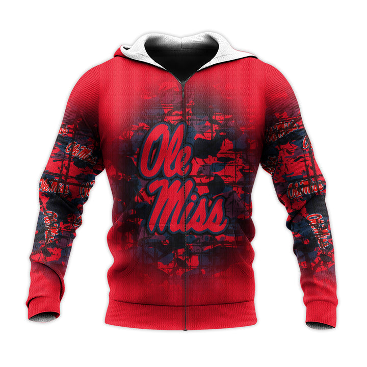 NCAA Ole Miss Rebels Custom Text Number Red Camouflage Zip Up Hoodie