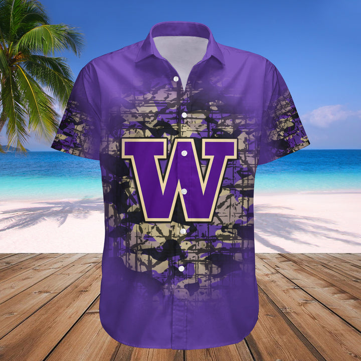 NCAA Washington Huskies Custom Text Number Purple Gold Hawaiian Shirt