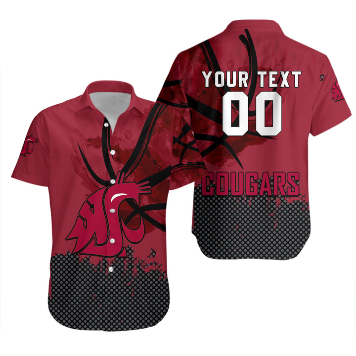 NCAA Washington State Cougars Custom Text Number Red Grunge Pattern Hawaiian Shirt