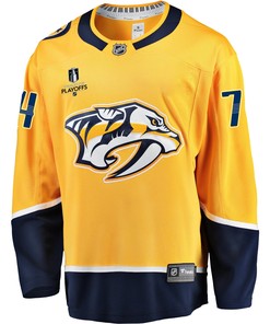 Nashville Predators Juuse Saros 74 Home 2022 Stanley Cup Playoffs Breakaway Men Jersey - Gold