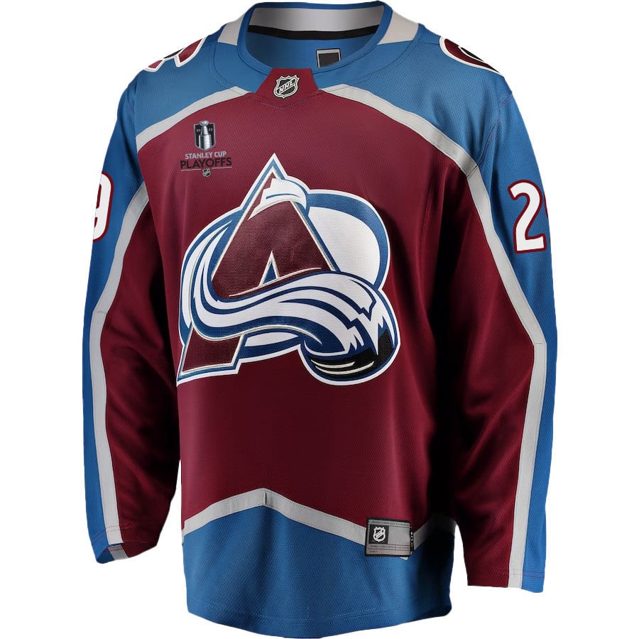 Nathan MacKinnon 29 Colorado Avalanche Stanley Cup 2023 Playoffs Patch Home Breakaway Men Jersey - Burgundy