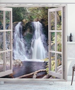 National Park Panoramic Fresh - Brown & Green Waterfall Shower Curtain, Scenic Bathroom Decor