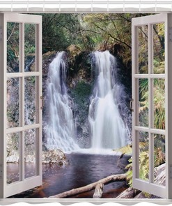 National Park Panoramic Fresh - Brown & Green Waterfall Shower Curtain, Scenic Bathroom Decor