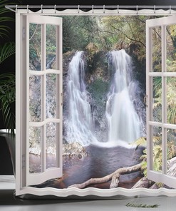 National Park Panoramic Fresh - Brown & Green Waterfall Shower Curtain, Scenic Bathroom Decor