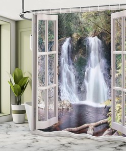 National Park Panoramic Fresh - Brown & Green Waterfall Shower Curtain, Scenic Bathroom Decor
